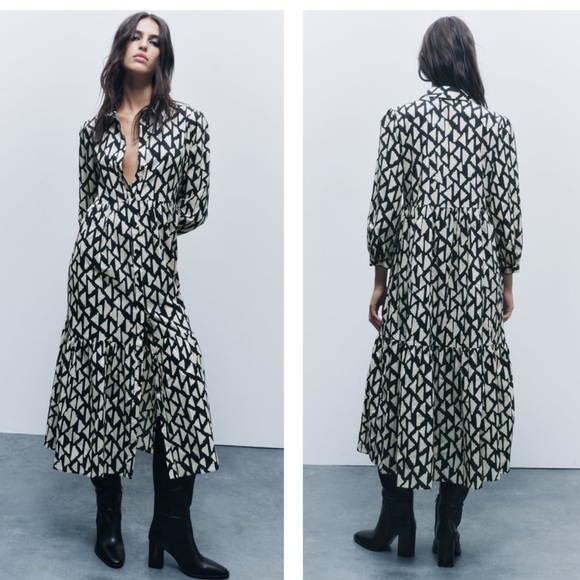 Zara Long Print Dress Black/White SzL - Picture 1 of 11